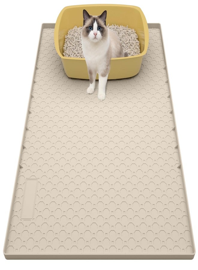 BLESWIN Large Cat Litter Mat 34"x22", Cat Litter Trapping Mat For Litter Box, Silicone Pet Feeding Mat With Raised Edges Waterproof, Beige - Image 1